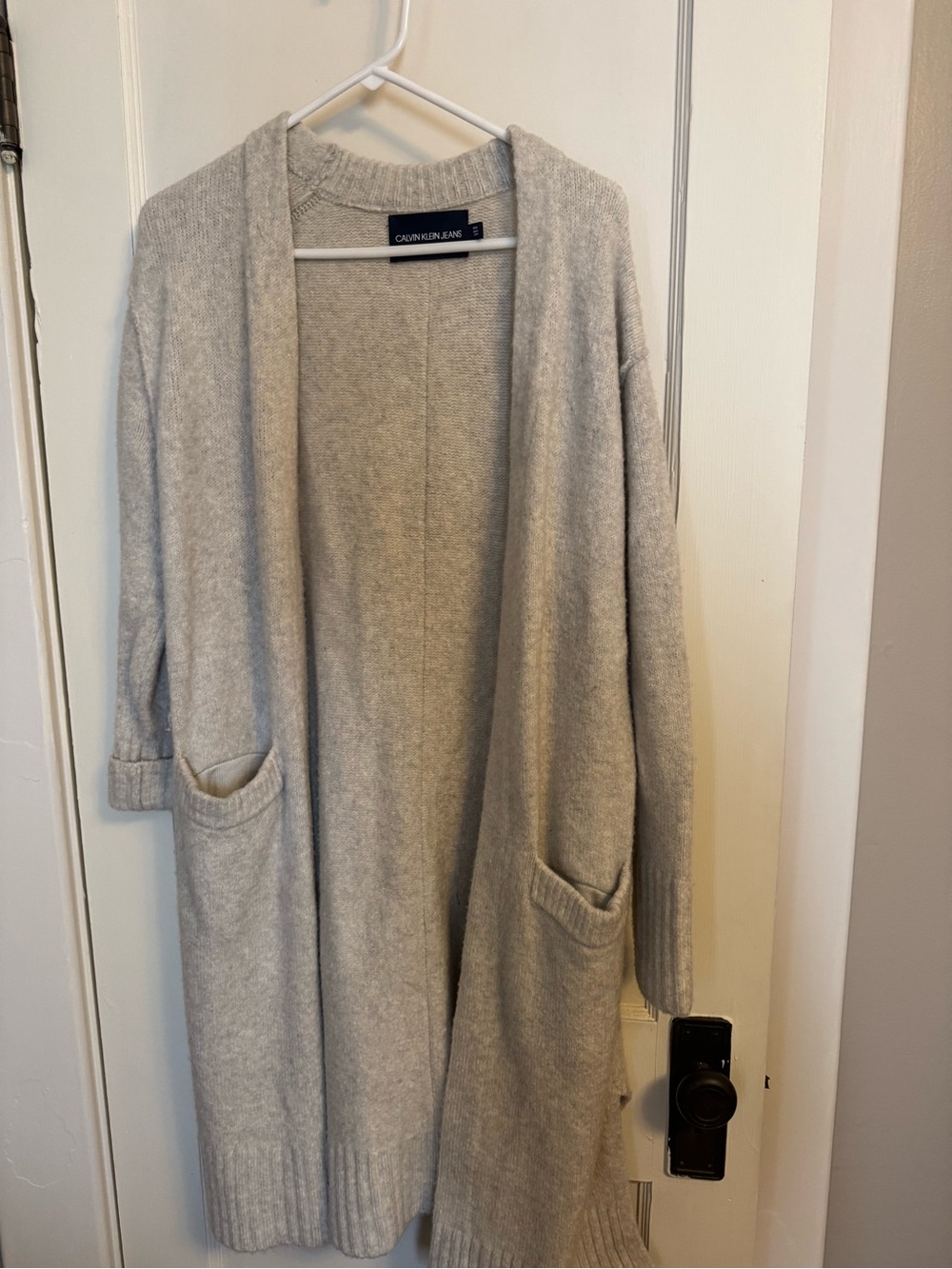 Calvin Klein Jeans Light Cream Open-Front Long Cardigan with Pockets